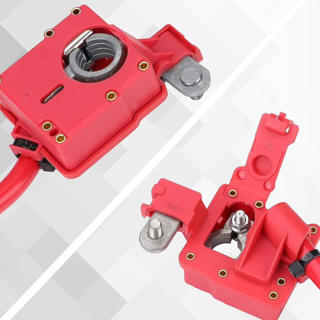 Red battery cable housing with exposed screw holes and black rubber-capped wire