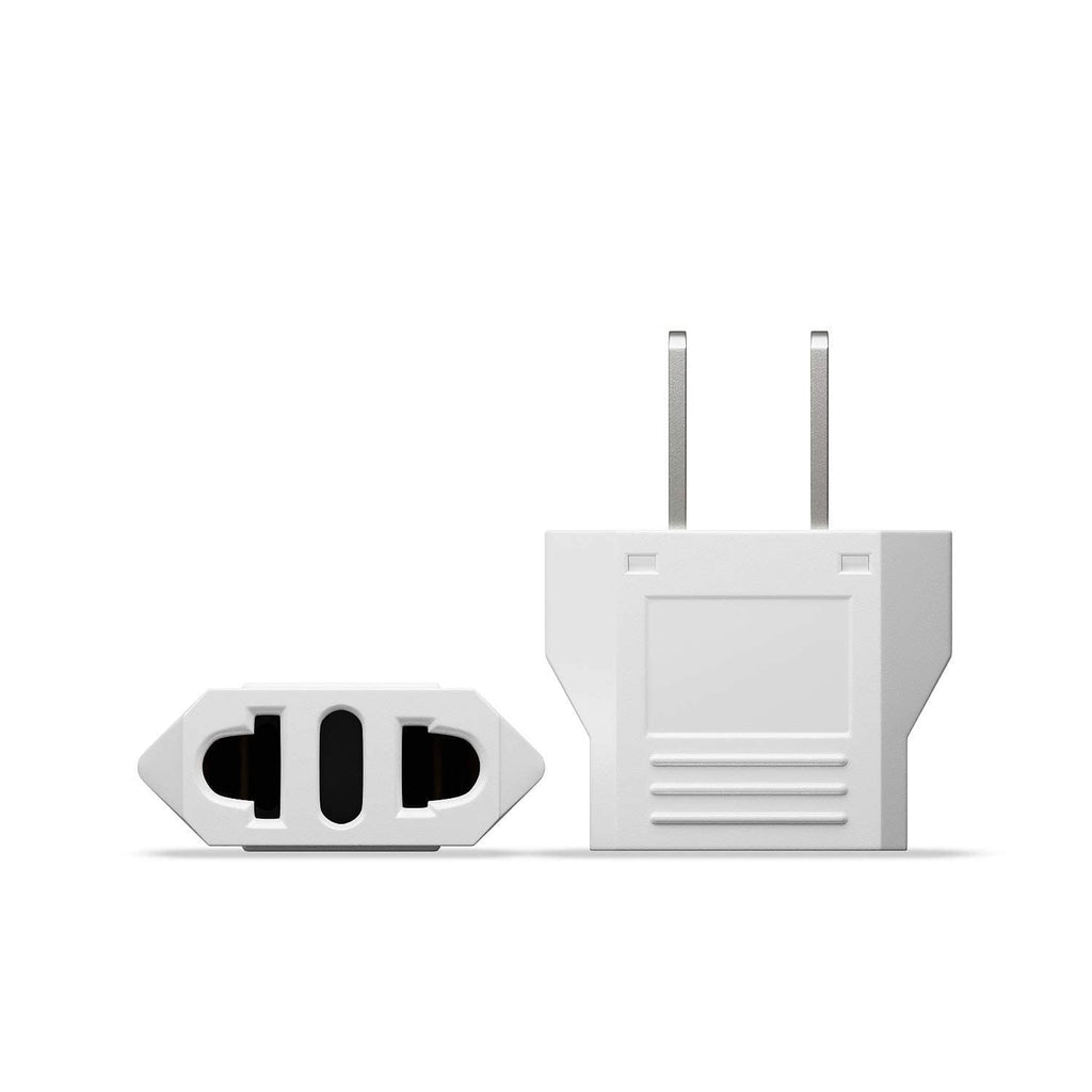 European to US plug adapter, white US outlet with two flat slots and two prongs