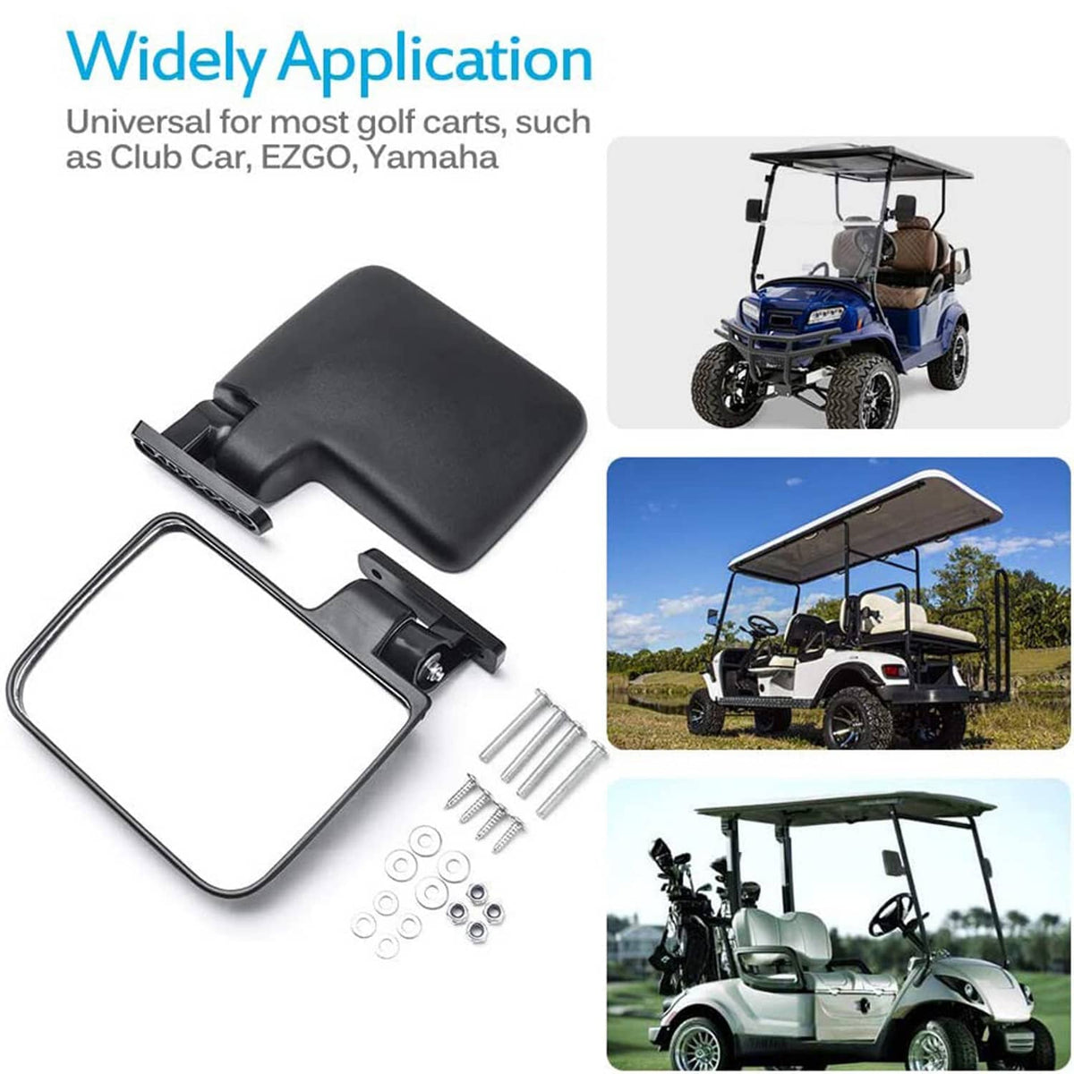 Pair of black golf cart side rear-view mirrors with mounting hardware, no-drill design