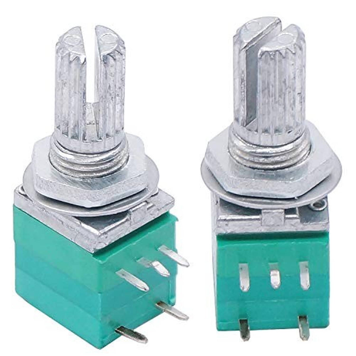 Single rotary potentiometer with switch, teal board and metal shaft pins