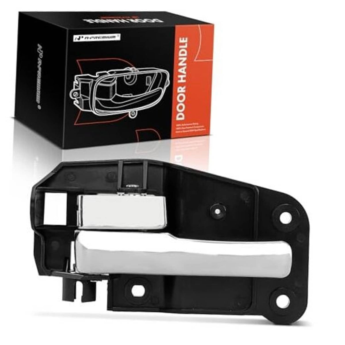 Chrome interior door handle with black ABS housing, front left driver side