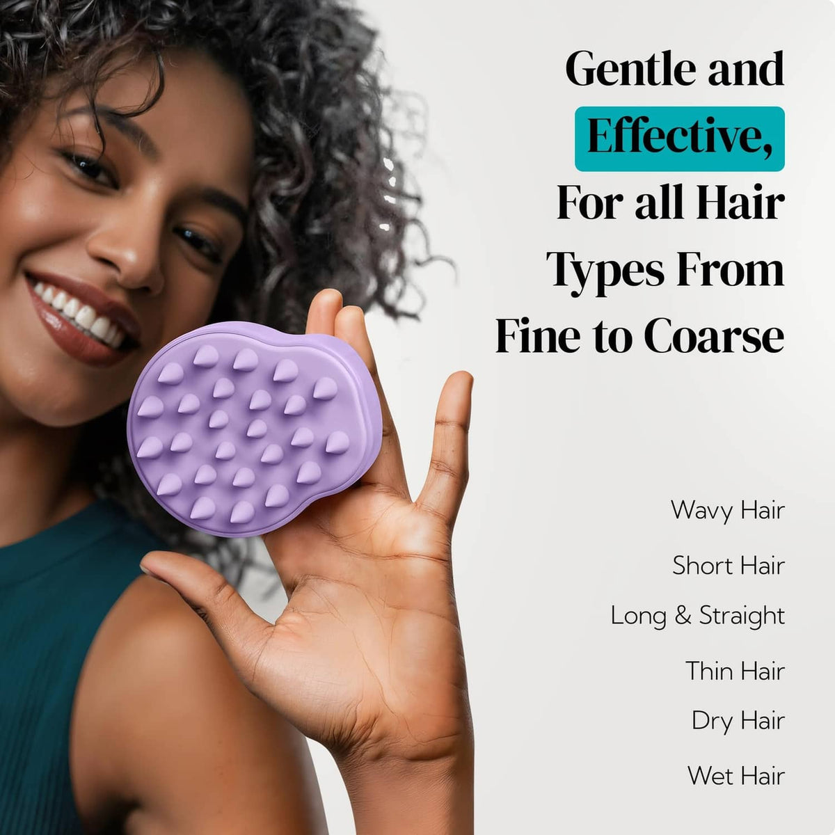 Purple silicone scalp massager brush held in front of a person’s hair, textured nubs.