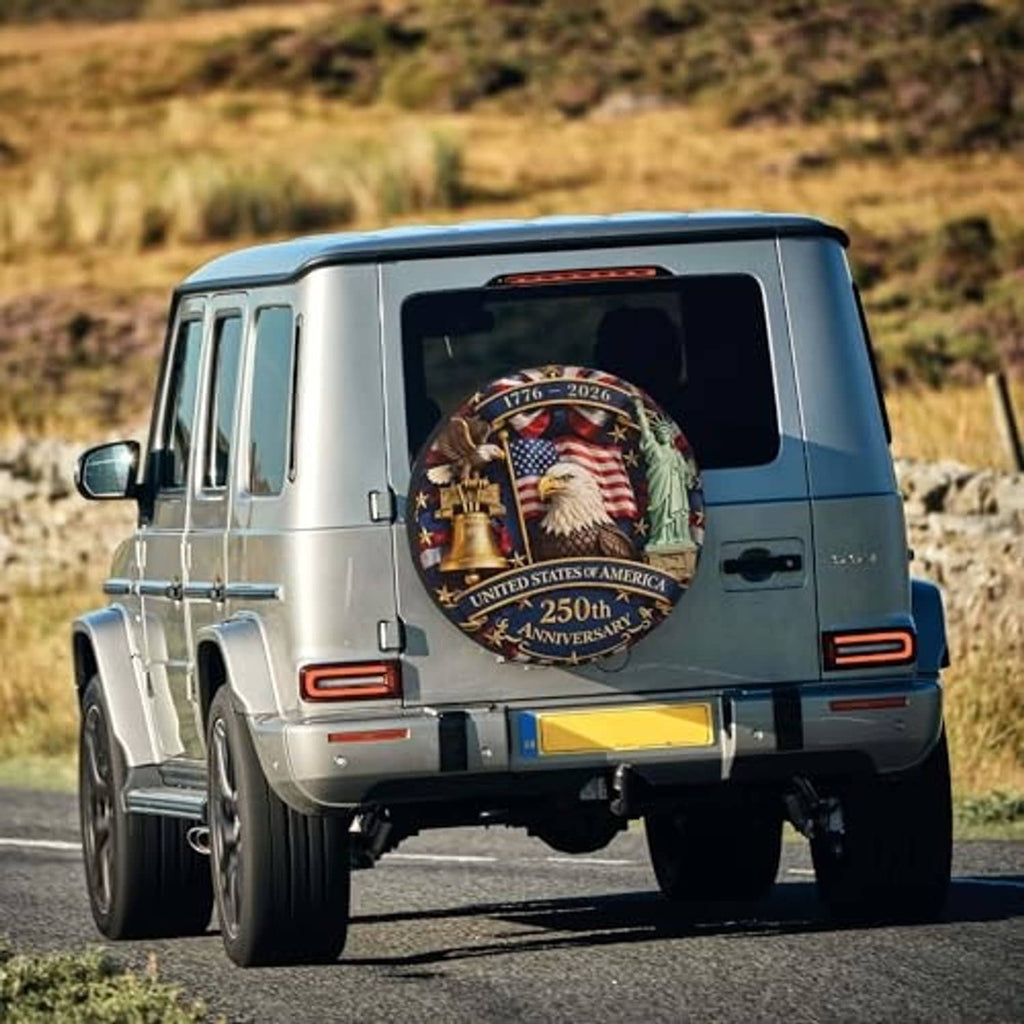 Spare tire cover on RV back door with 250th anniversary eagle and U.S. flag artwork