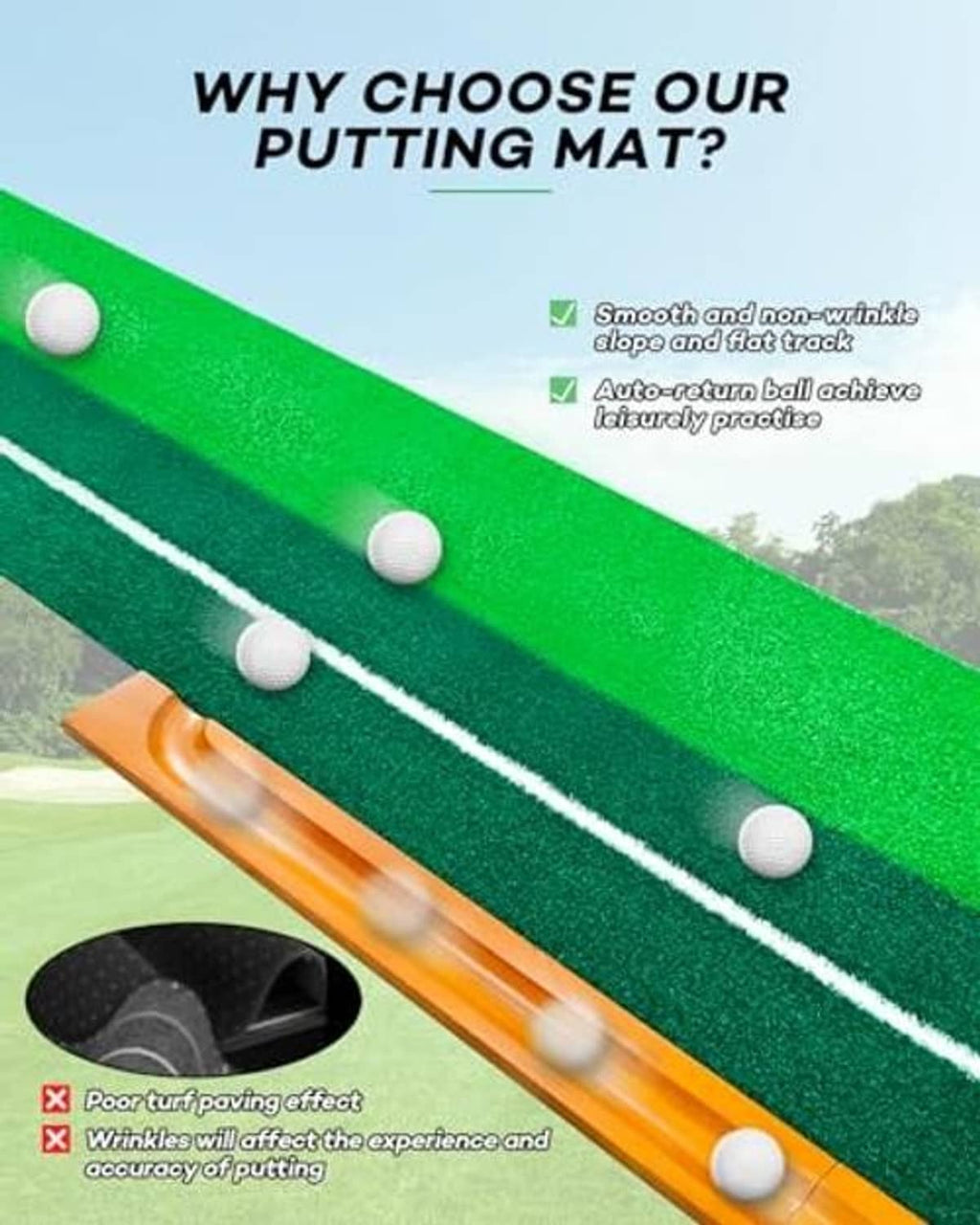 Green golf putting mat with white alignment lane and auto return ball track