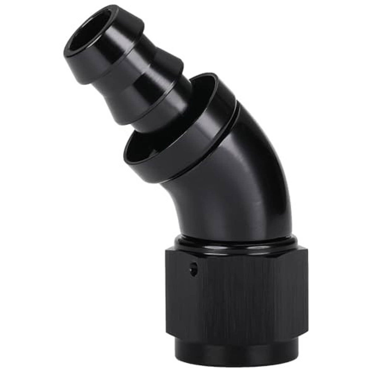 Black 45-degree hose elbow push-lock fitting with textured collar