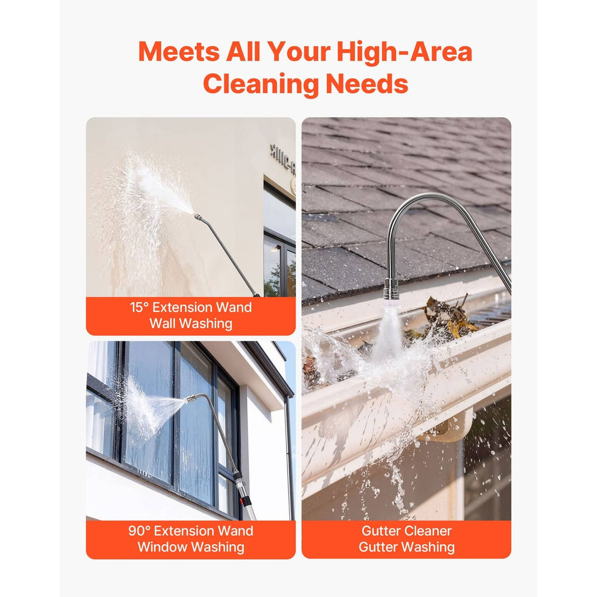 Pressure washer extension wands with gutter cleaner and jet brush head attachment