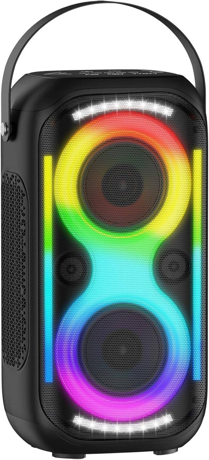 Black wireless outdoor speaker with rainbow LED rings, dual drivers, carry handle