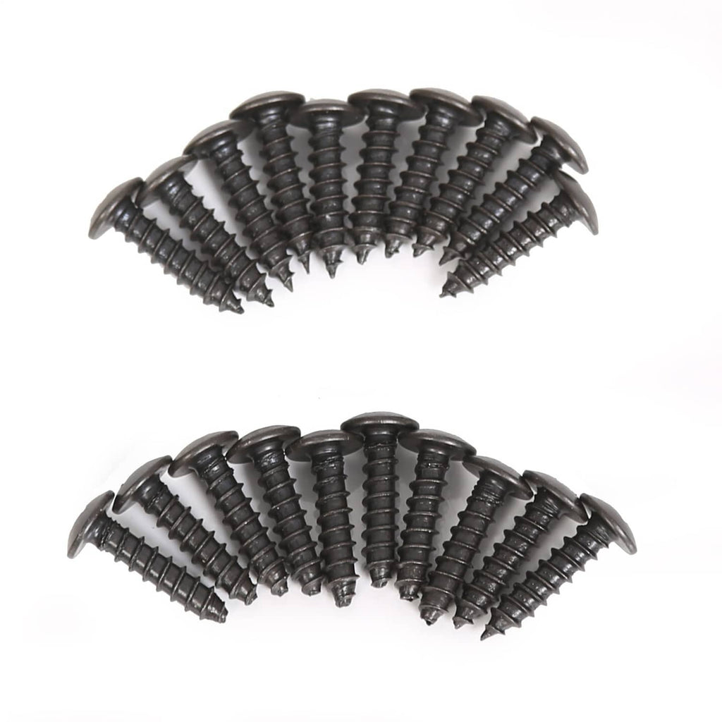 Assorted black screws for installing fender flares; two rows of hardware included.