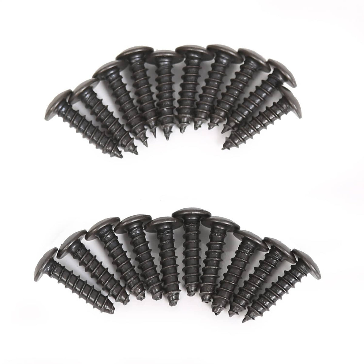 Assorted black screws for installing fender flares; two rows of hardware included.
