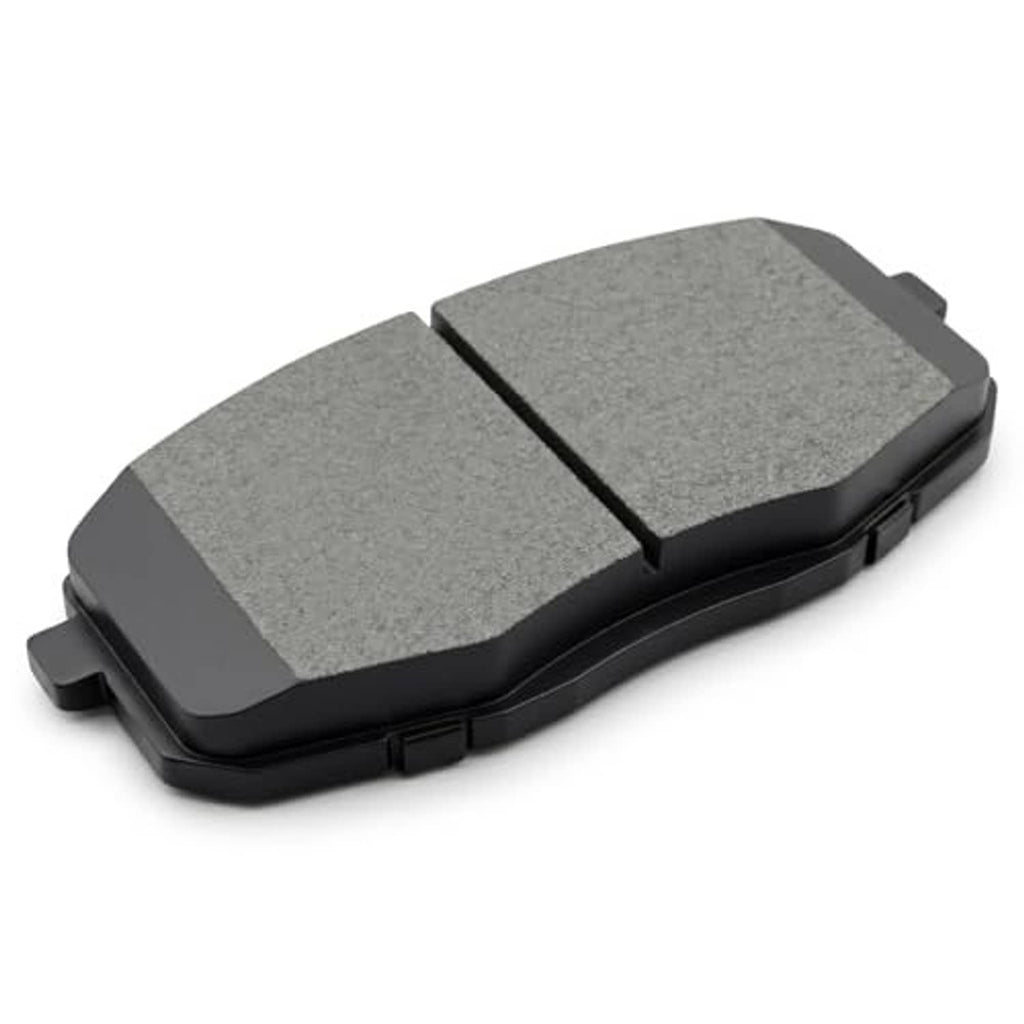 Gray ceramic brake pad with two friction sections and black backing plate