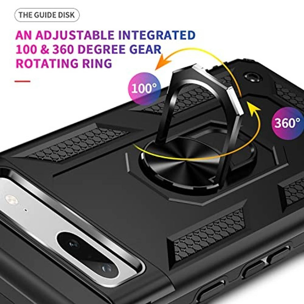 Black rugged phone case close-up of rotating ring kickstand on textured back