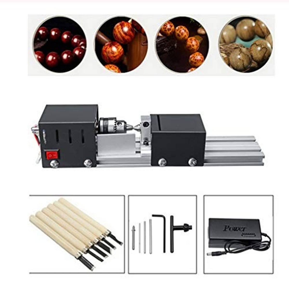 Benchtop wood lathe machine with black housings and included turning accessories