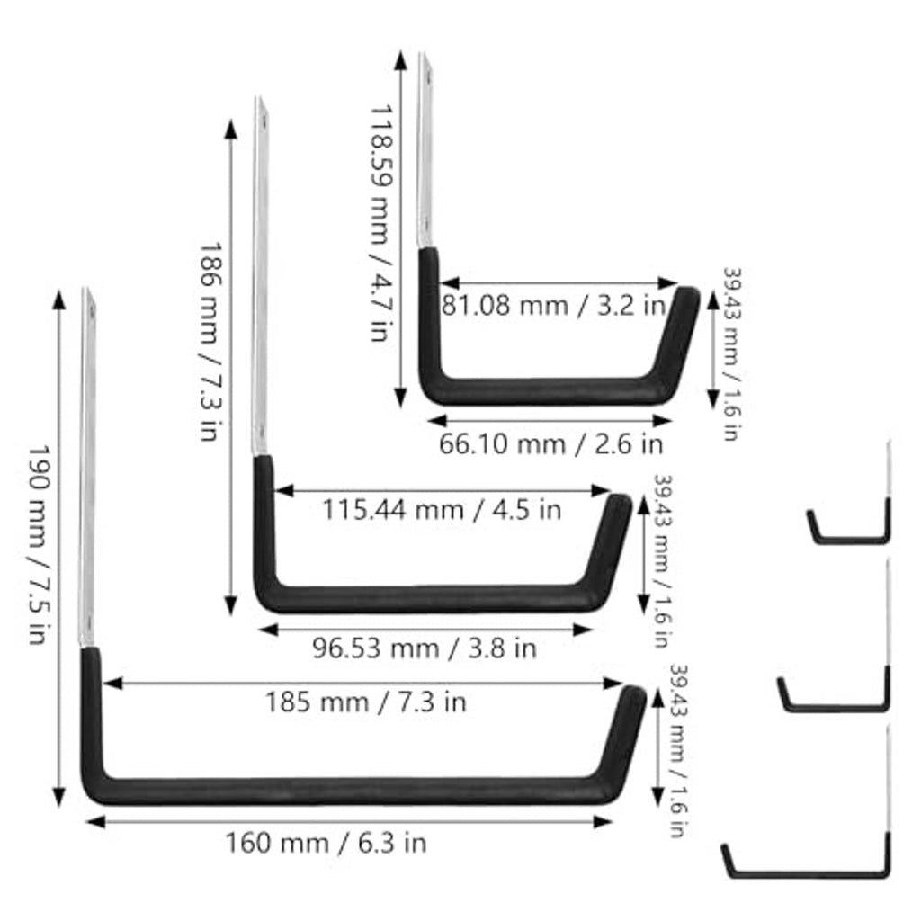 Black U-shaped garage hook design with wall-mount bracket and flat base