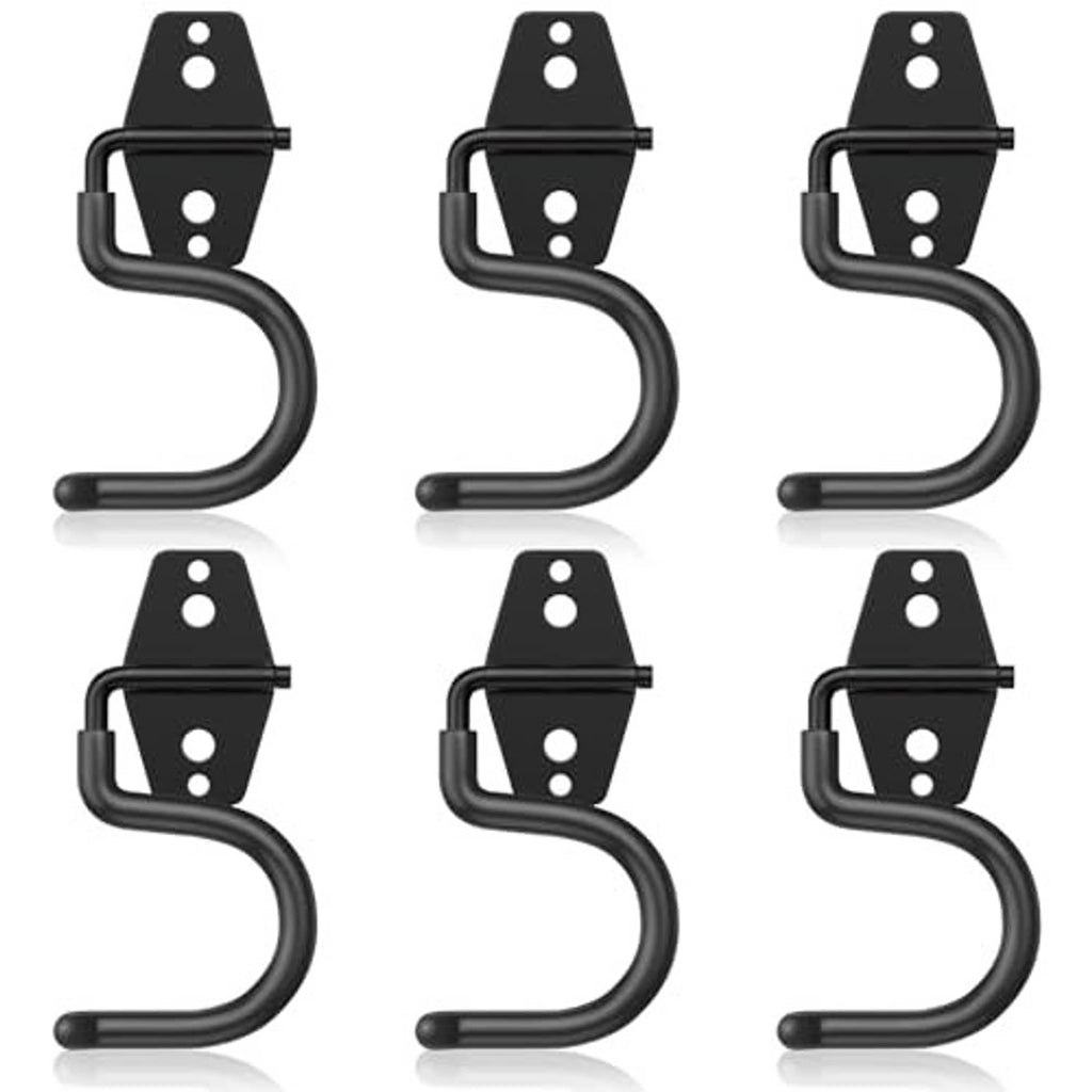 6 black wall-mounted tool S hooks with rectangular plates and bolt holes