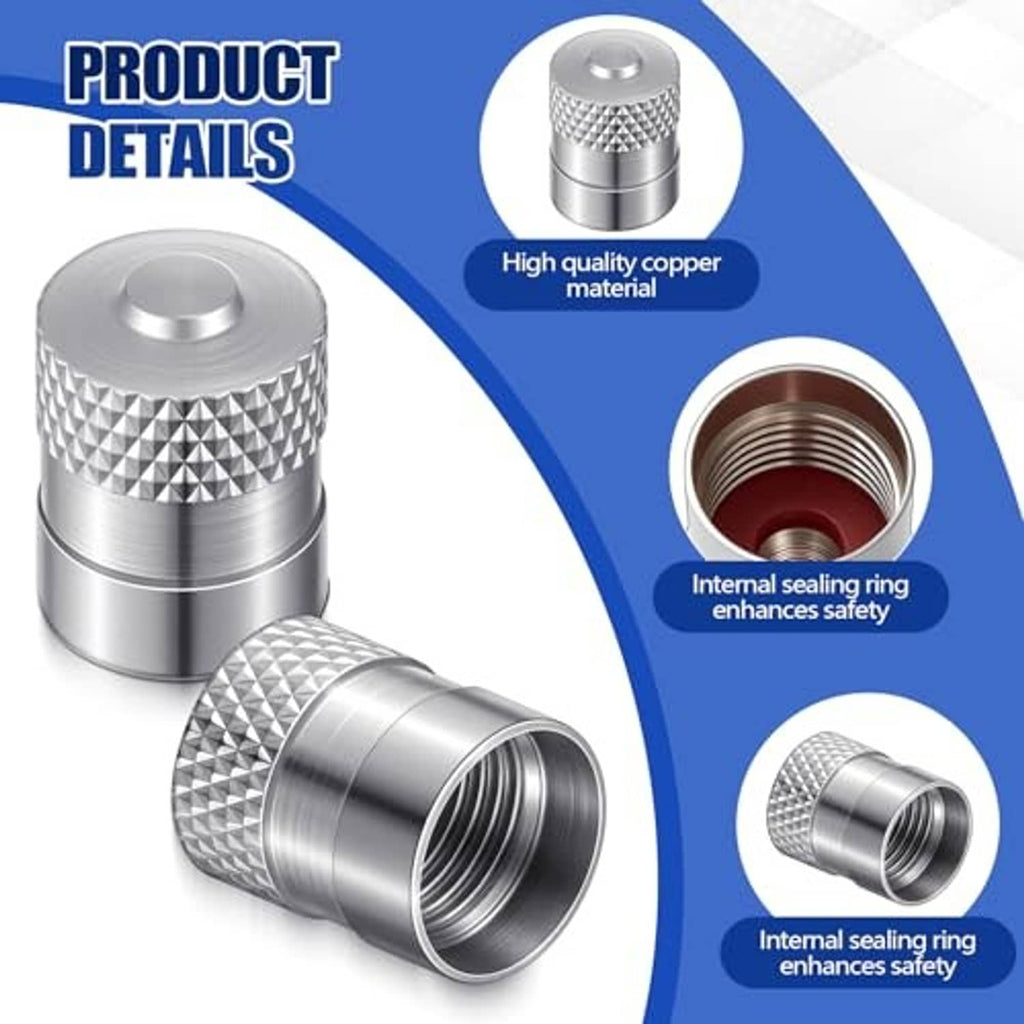 Metallic valve stem cap with textured grip and visible internal threads