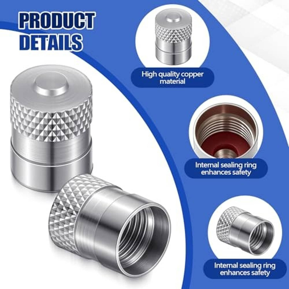Metallic valve stem cap with textured grip and visible internal threads