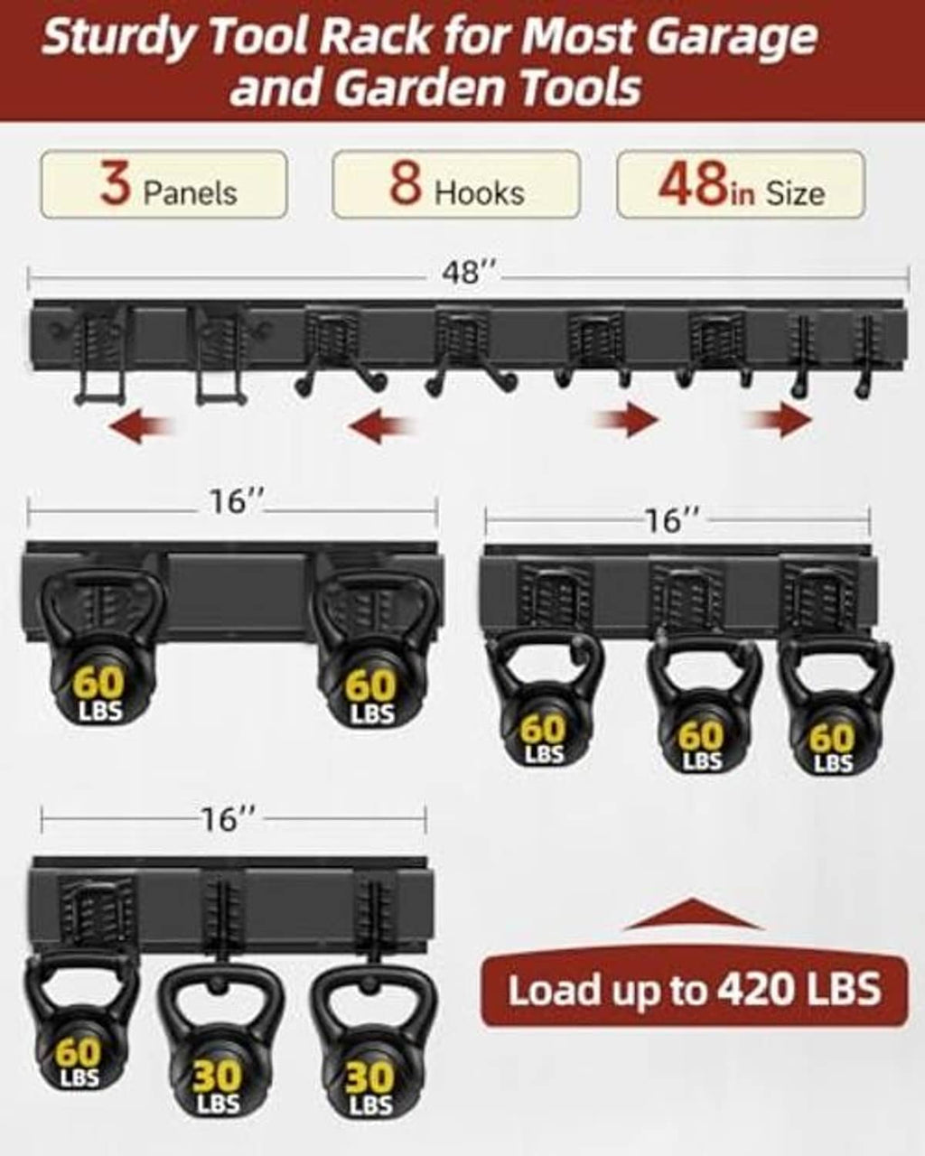 Black 3-panel garage tool rack with 8 curved hooks and weight-loading icons