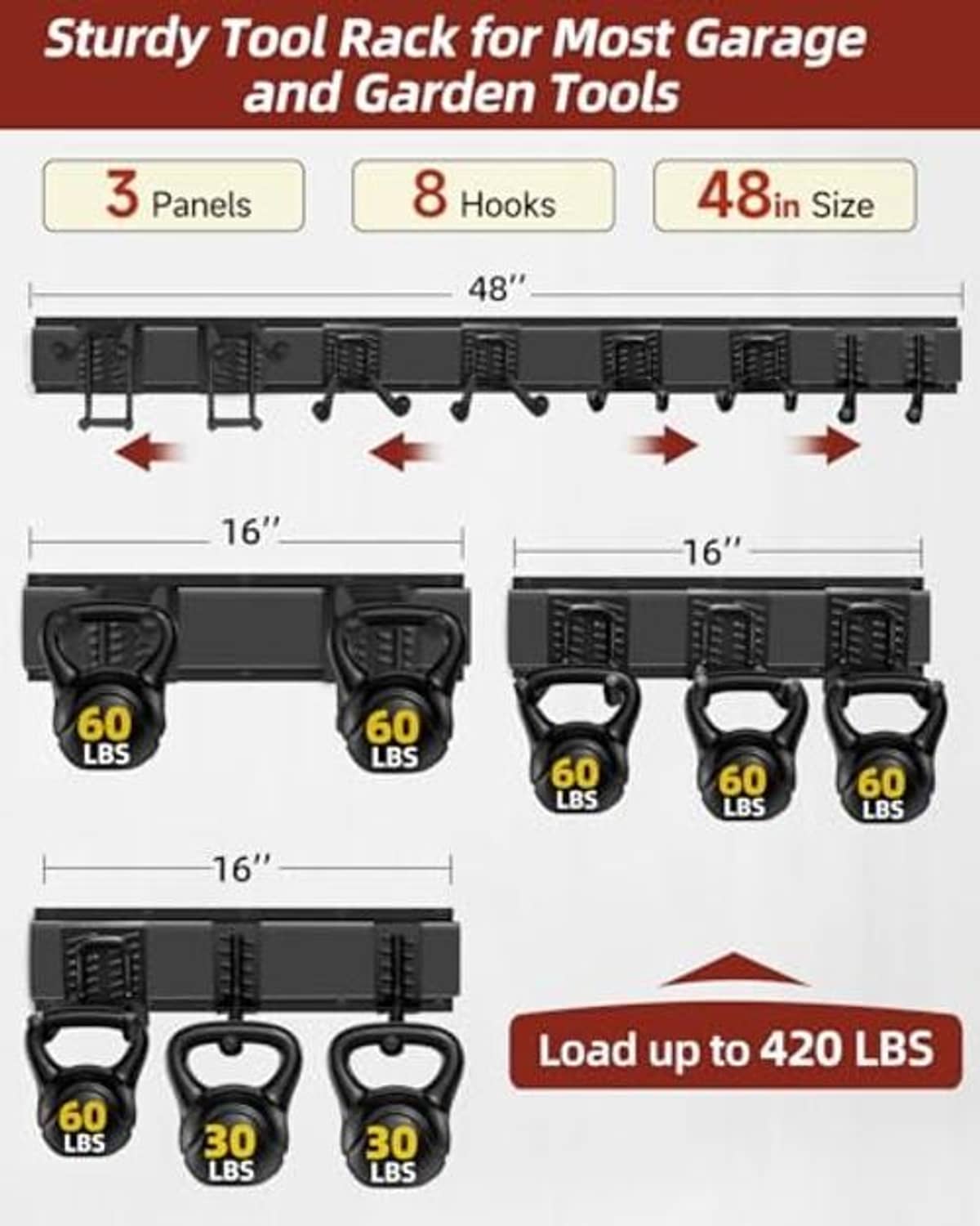 Black 3-panel garage tool rack with 8 curved hooks and weight-loading icons