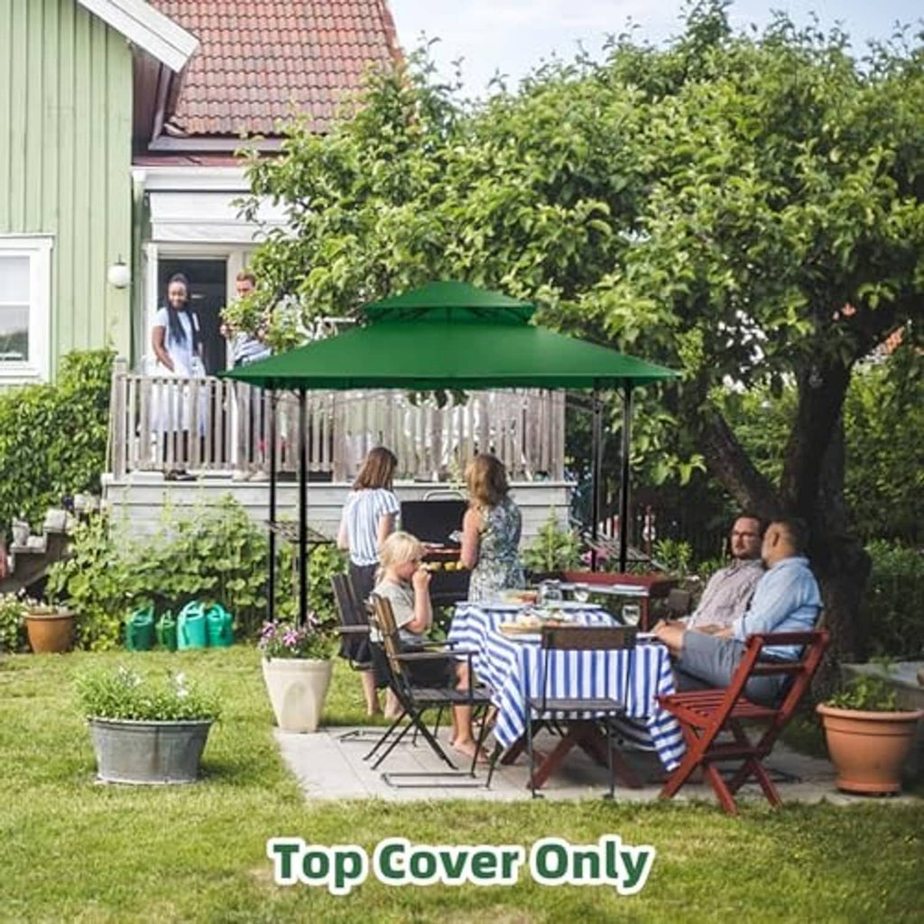 Forest green grill gazebo canopy roof on a patio over a picnic table