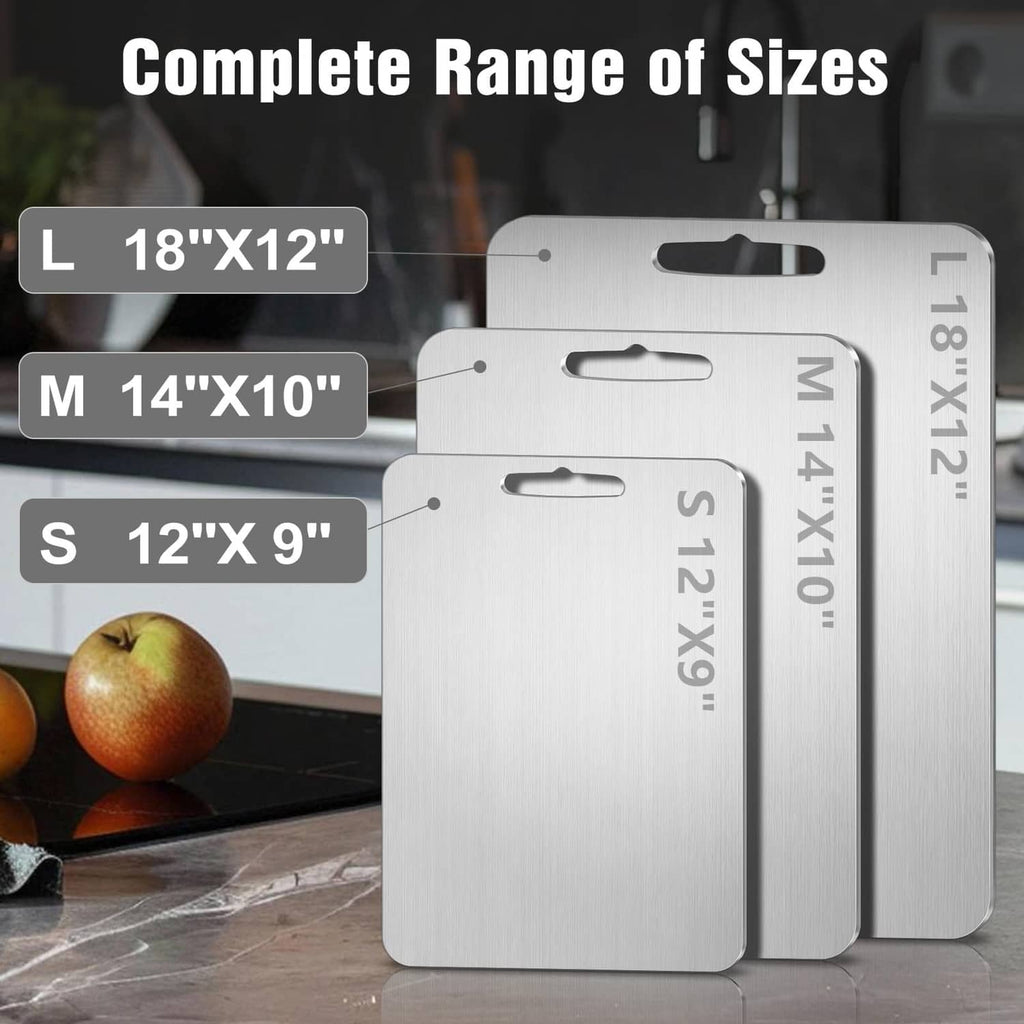 Silver titanium cutting boards: large 18x12, medium 14x10, small 12x9