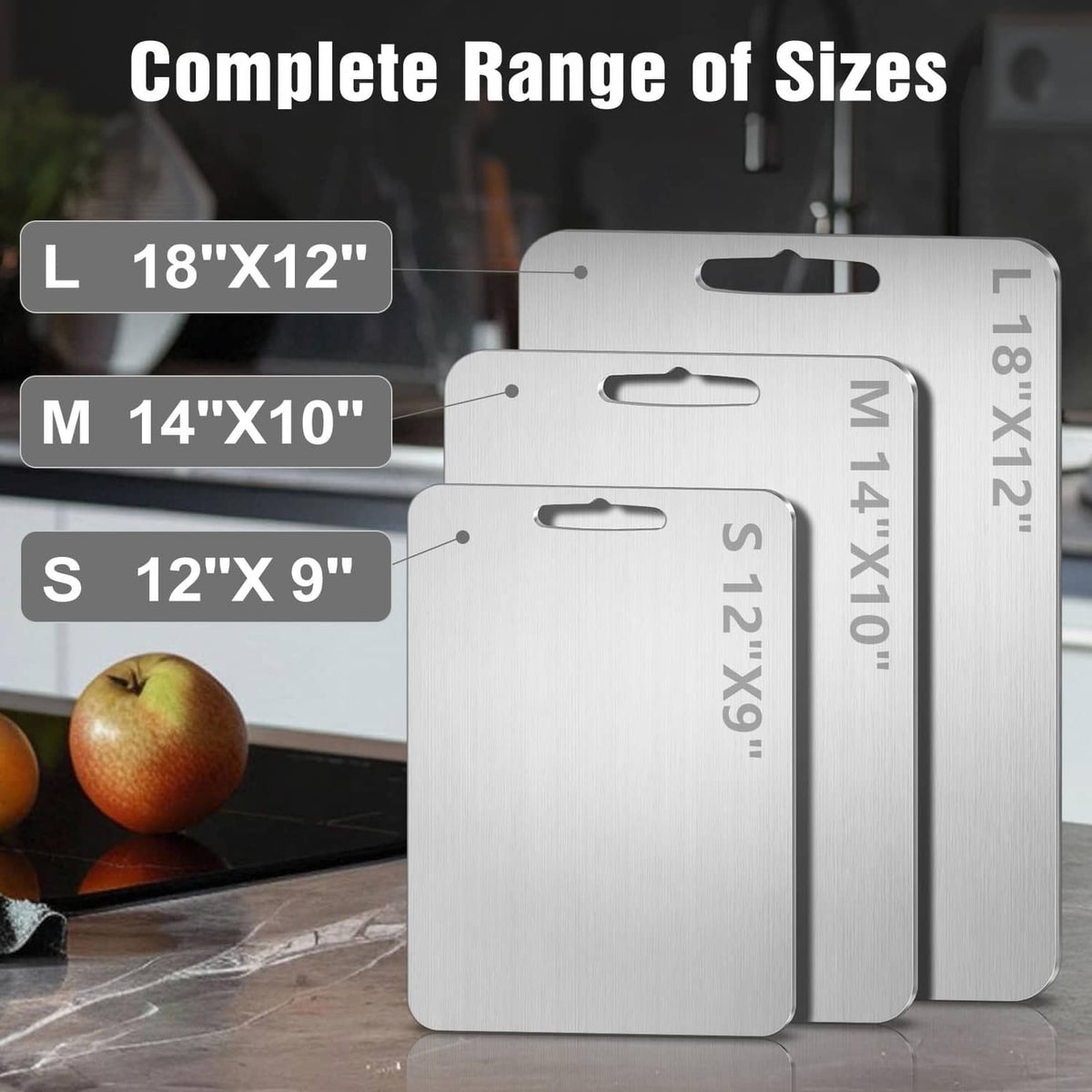 Silver titanium cutting boards: large 18x12, medium 14x10, small 12x9