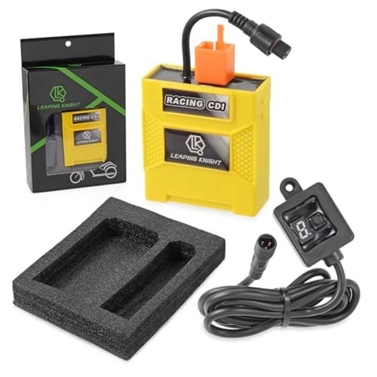Yellow CDI box kit with orange plug, black cable, and small digital display module