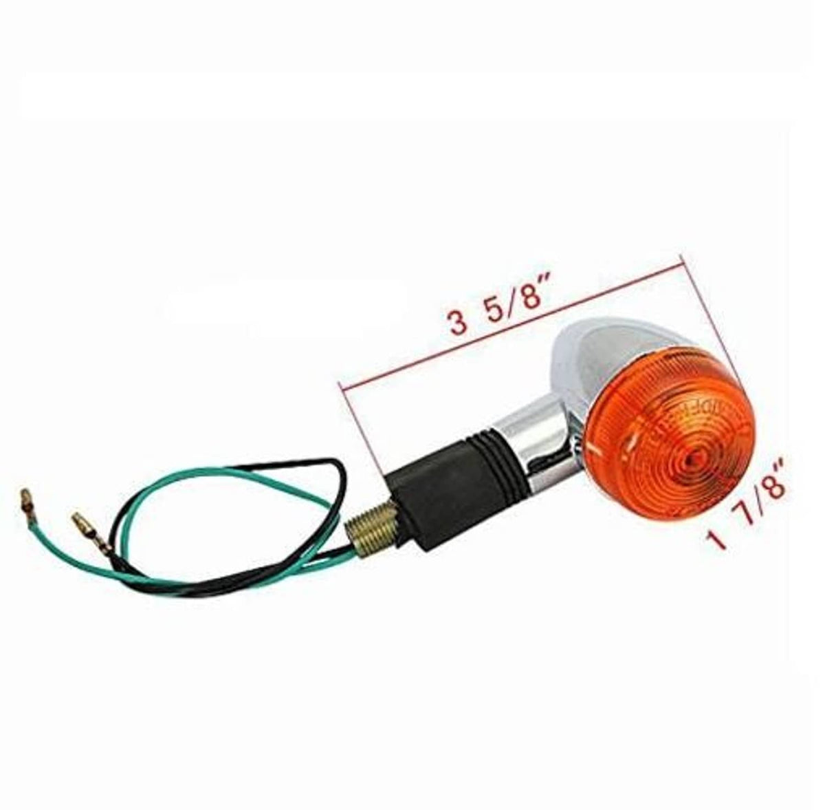 Motorcycle turn signal light with amber lens, chrome housing, black base, and connected wires