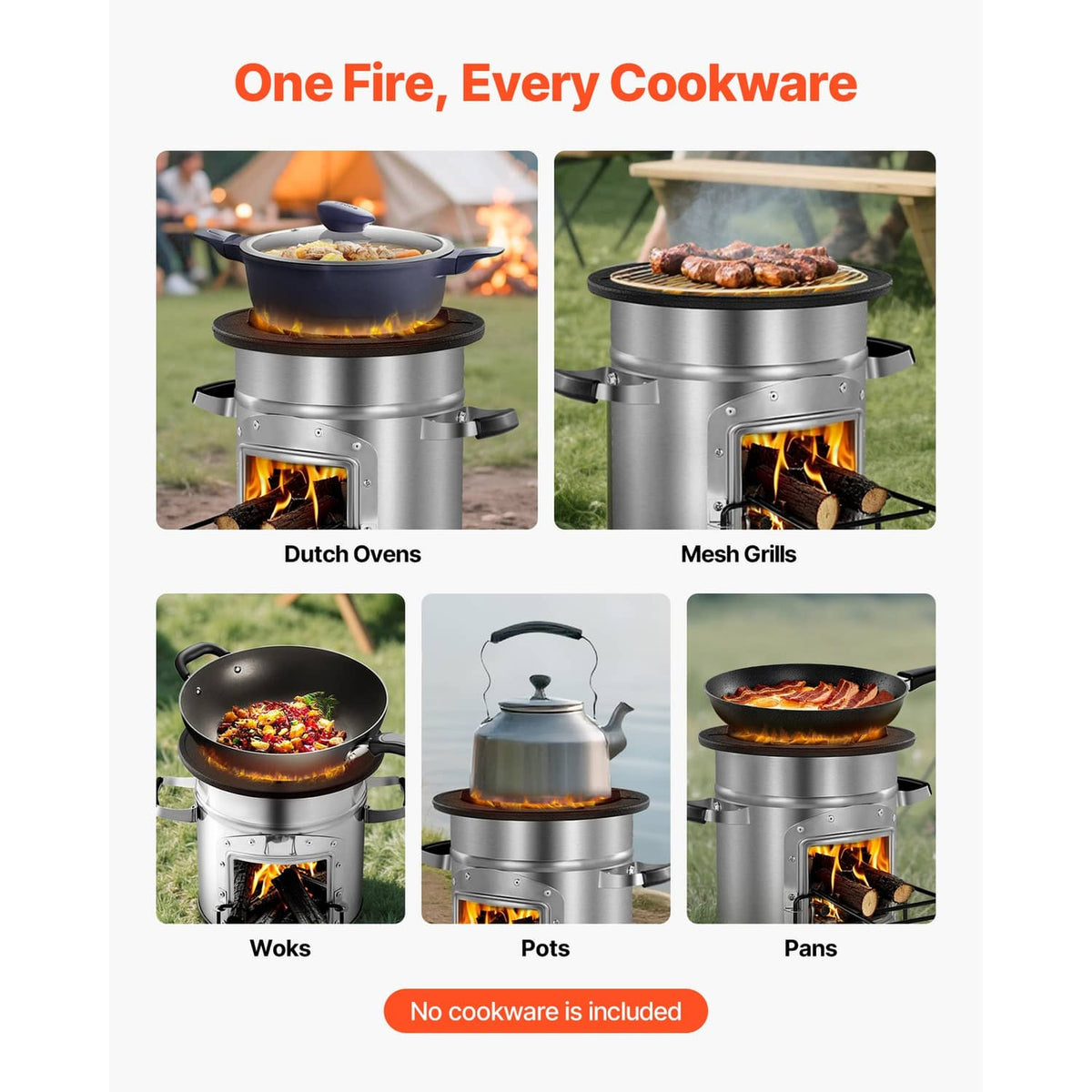 Rocket stove used with cookware options including Dutch oven, mesh grill, wok, pot, and pan