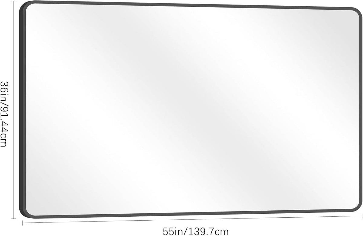 Rectangular bathroom mirror with matte black frame and rounded outer corners