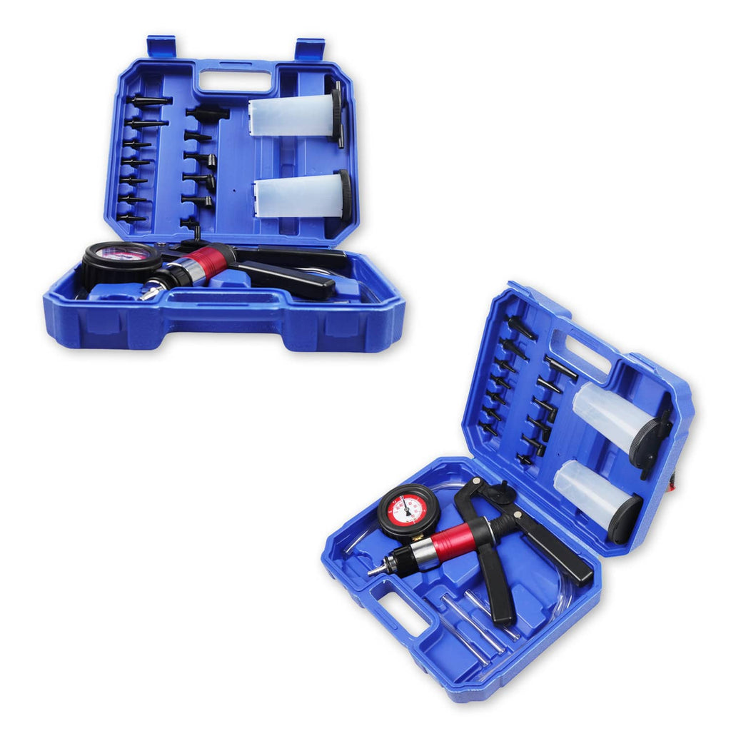 Vacuum brake bleeder tool kit with gauge, red pump, and accessory bits in blue case