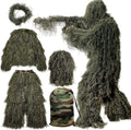 Green 3D camouflage ghillie suit set with jacket, hood, and pants, plus drawstring bag.