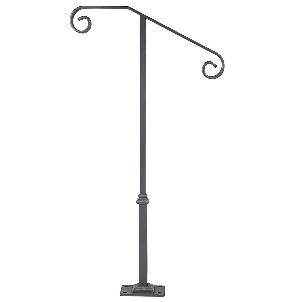 Matte gray wrought iron single-post handrail with curved scroll ends