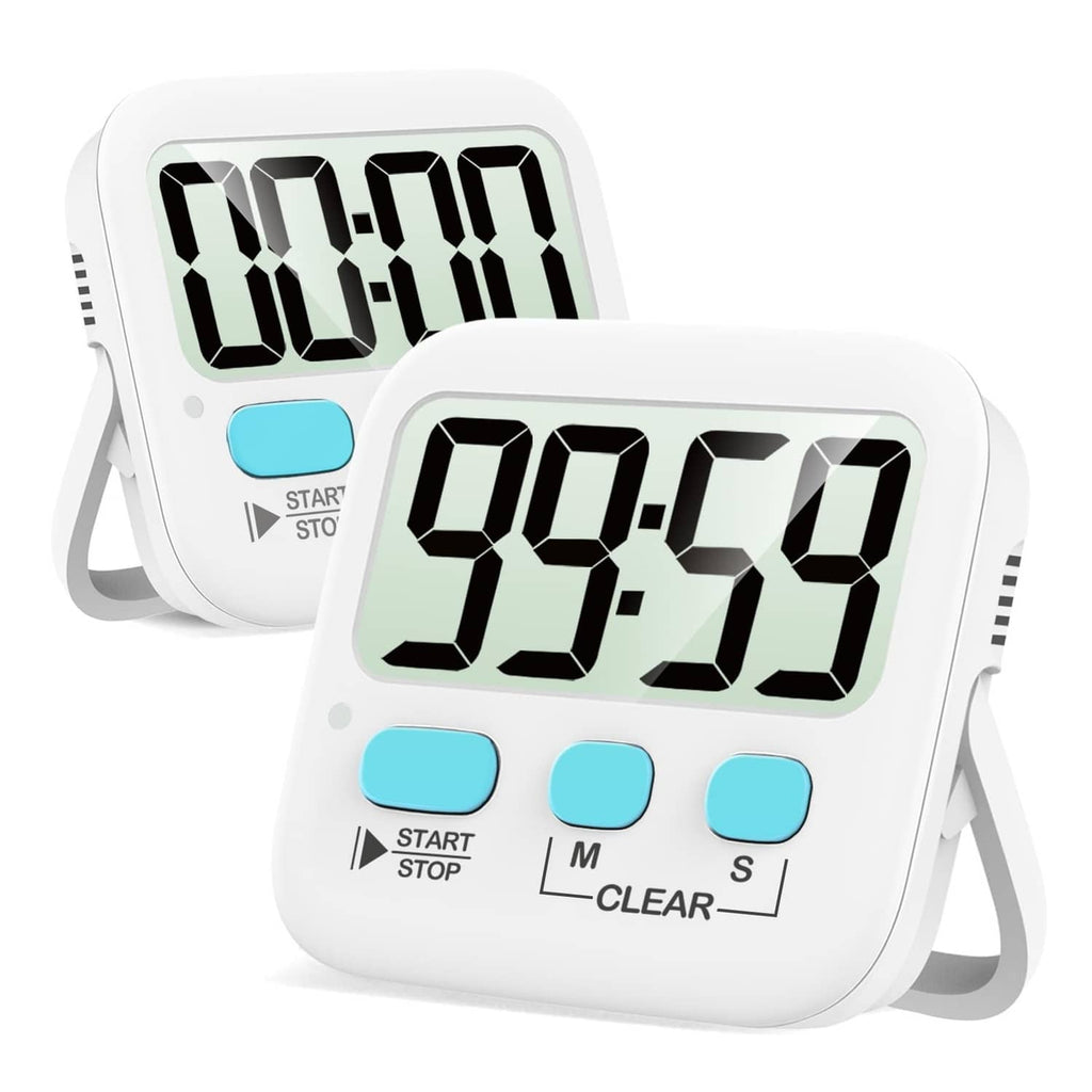 White digital countdown timer with large 00:00 display, start/stop and clear buttons