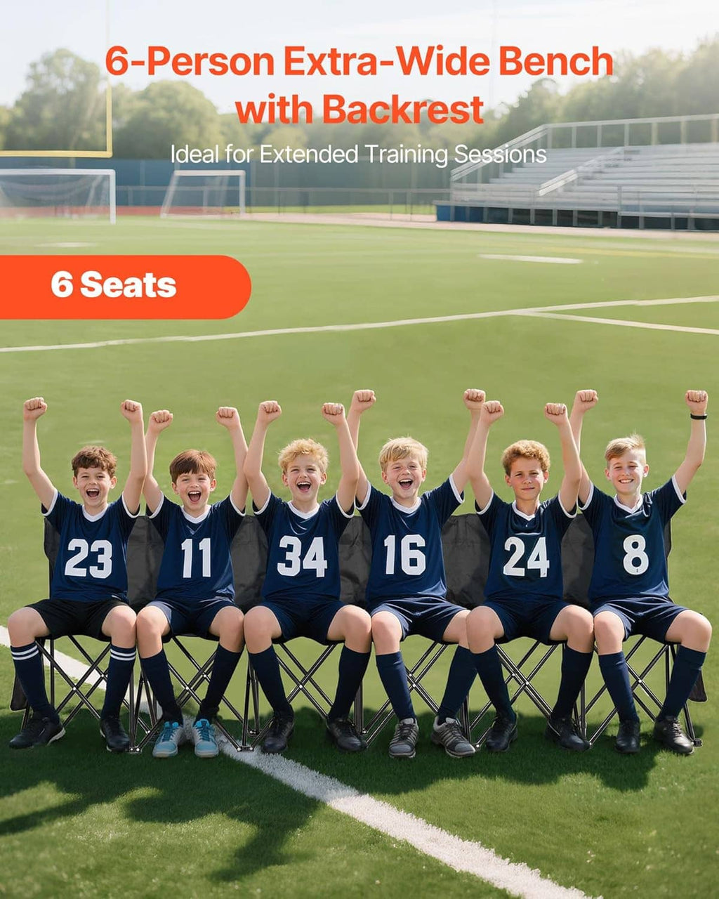 Black extra-wide folding soccer bench with backrest, 6-person outdoor seating