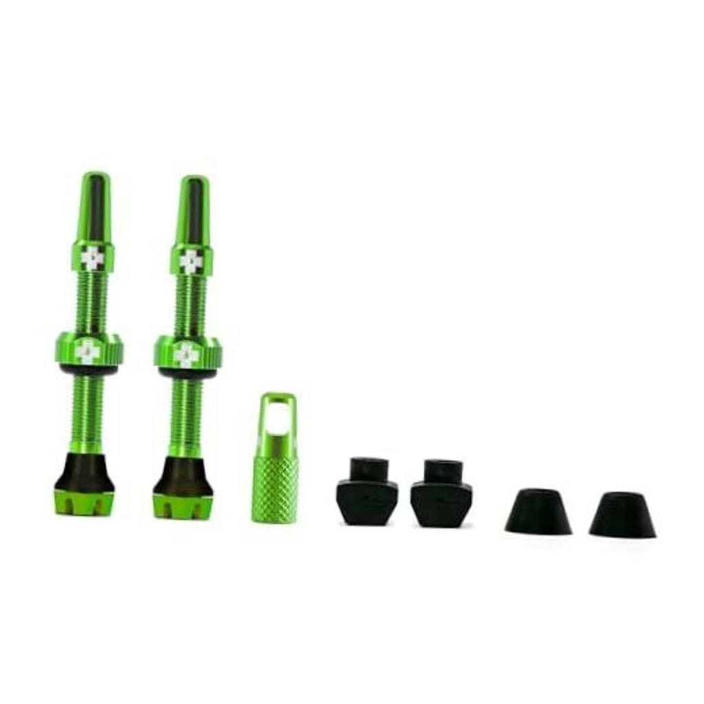 Green tubeless Presta valves set with caps and rubber bases, 44mm long