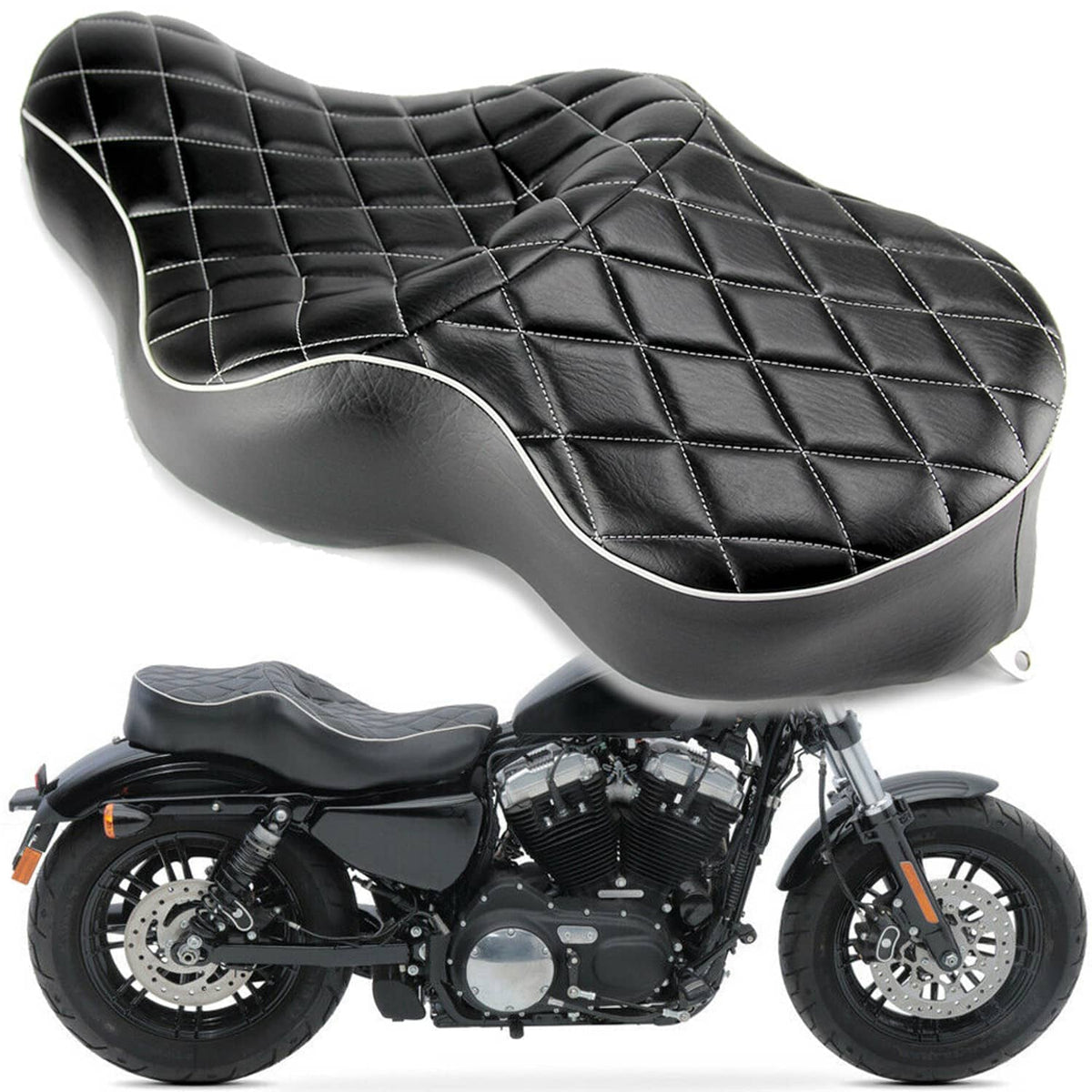 Black two-up motorcycle seat cushion with diamond quilting and light piping trim