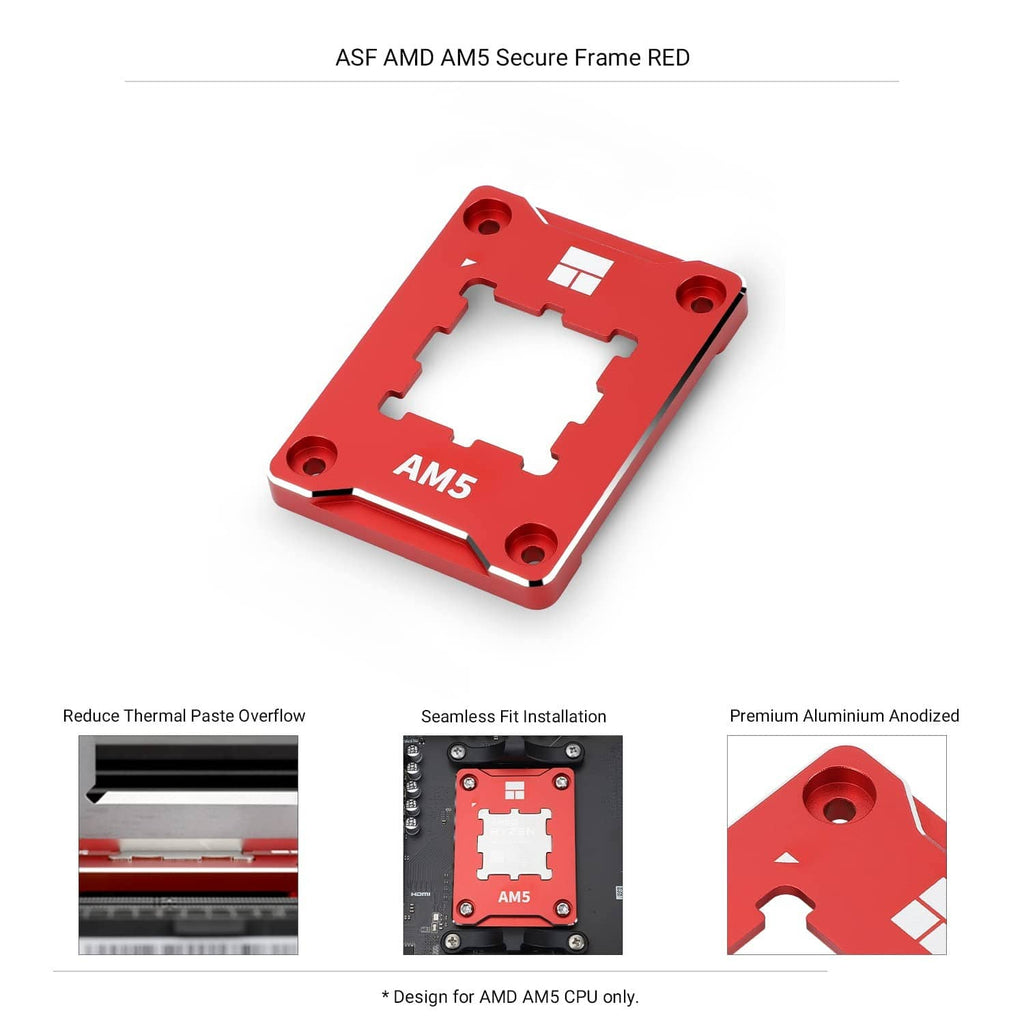 Red AM5 CPU mounting frame, angled view with white AM5 marking and four mounting holes