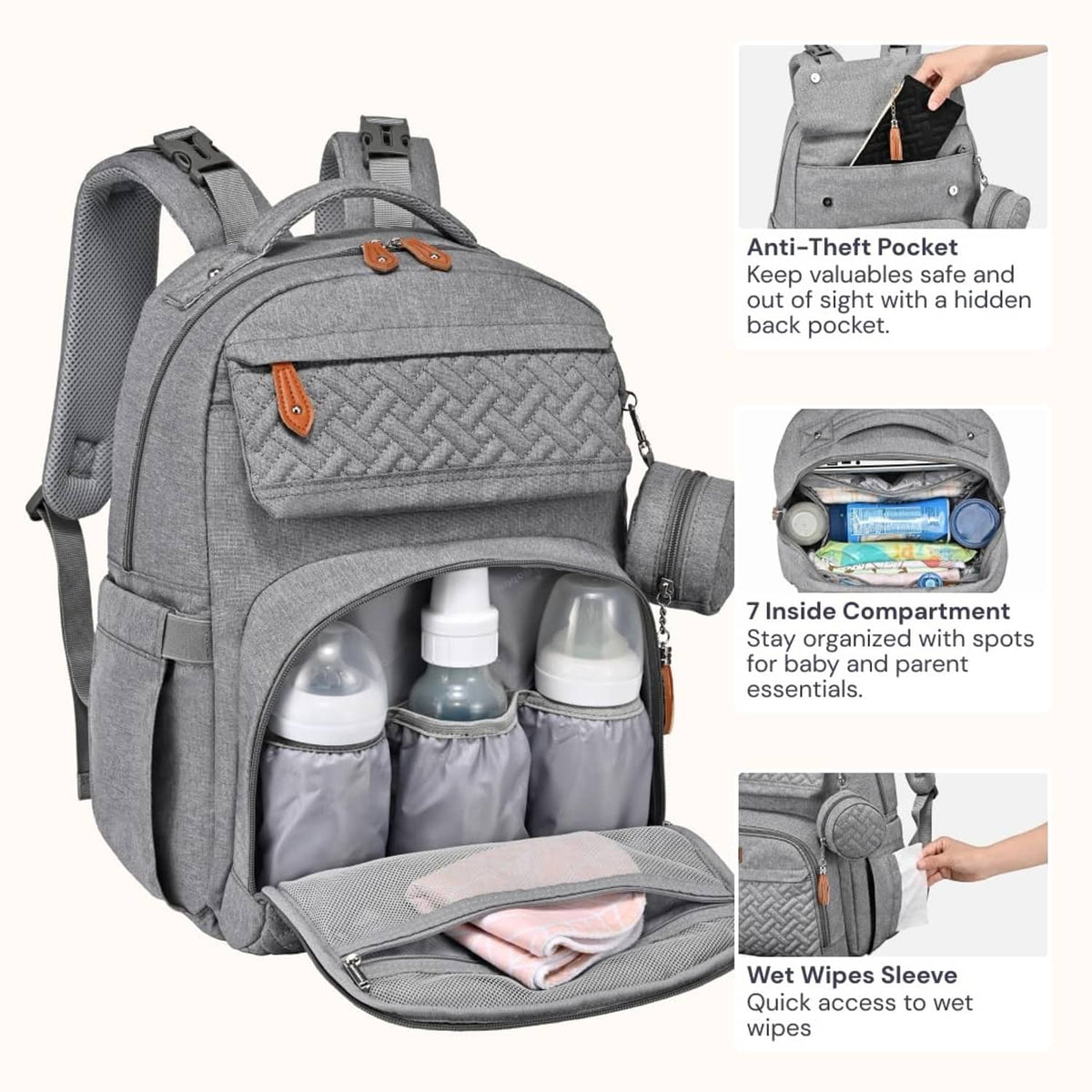Light gray diaper bag backpack open view with organized compartments and wet wipes sleeve