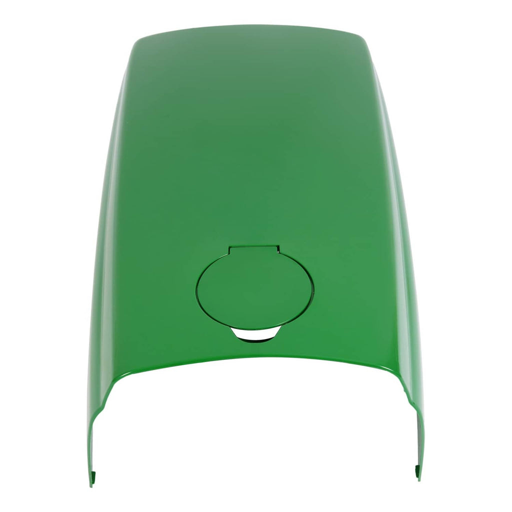 Green tractor upper hood underside view with circular fuel door opening