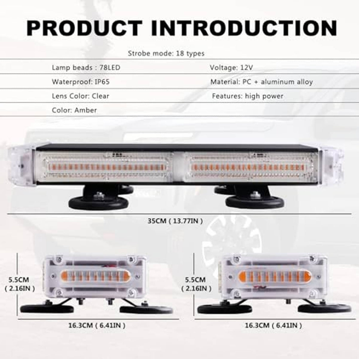 Clear emergency strobe light bar showing amber LED modules with two mounting bases