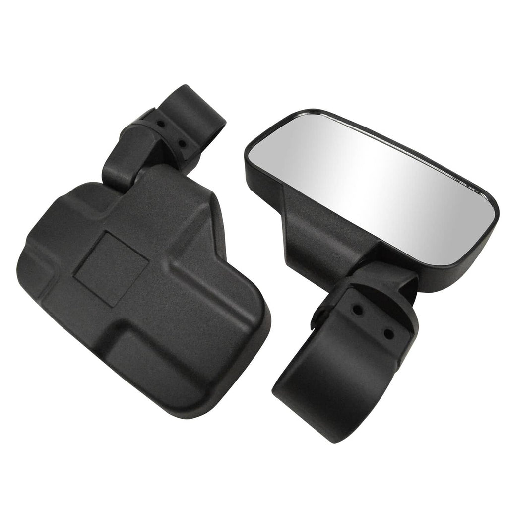 Black UTV side mirror with clear rectangular glass and pivot mounting bracket