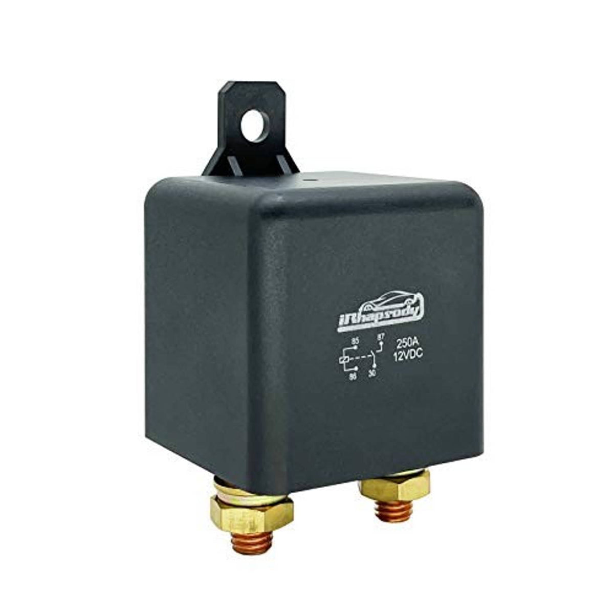 12V 4-pin high-power relay with black housing and mounting tab on top