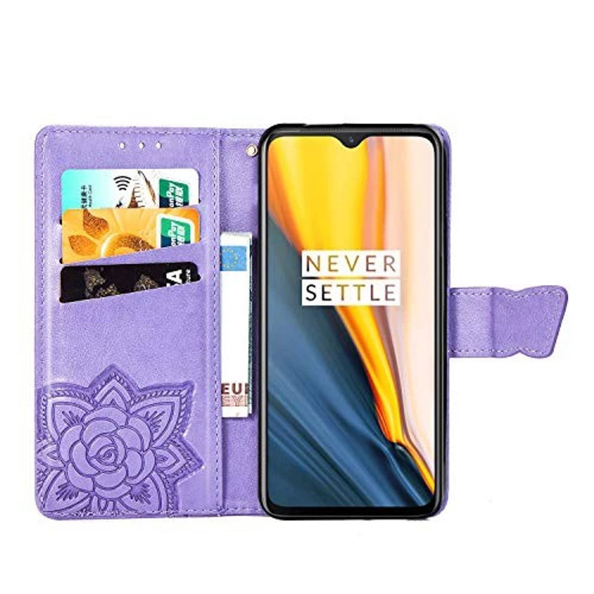 Light purple folio phone case with card slots, embossed flower cat design, magnetic closure