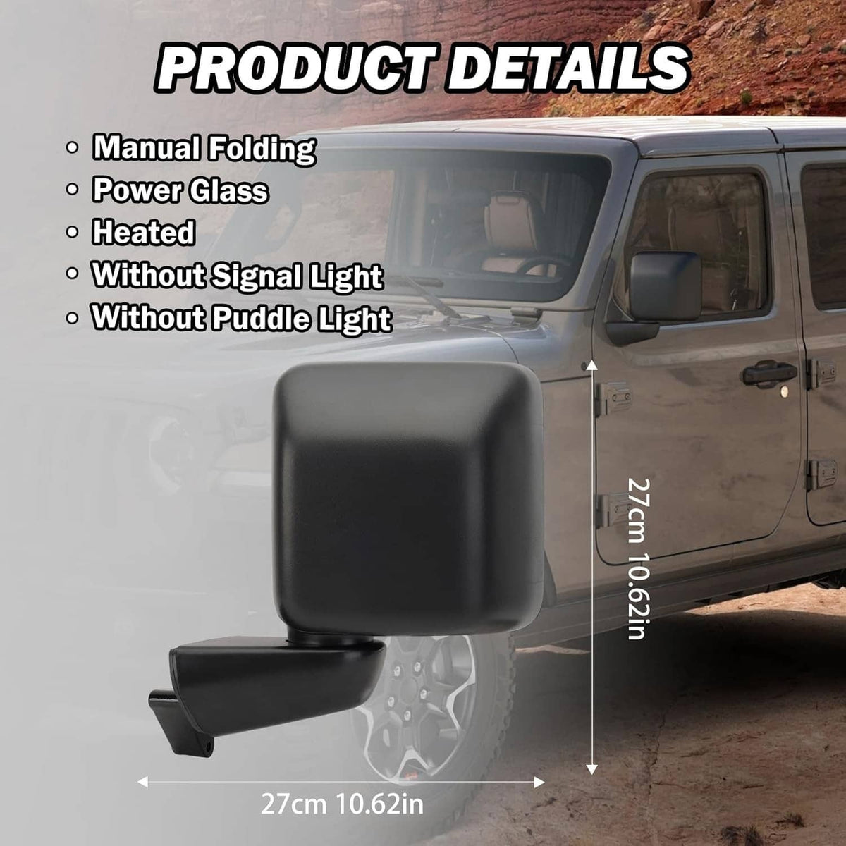 Black power heated side mirror with square frame and extended mounting arm