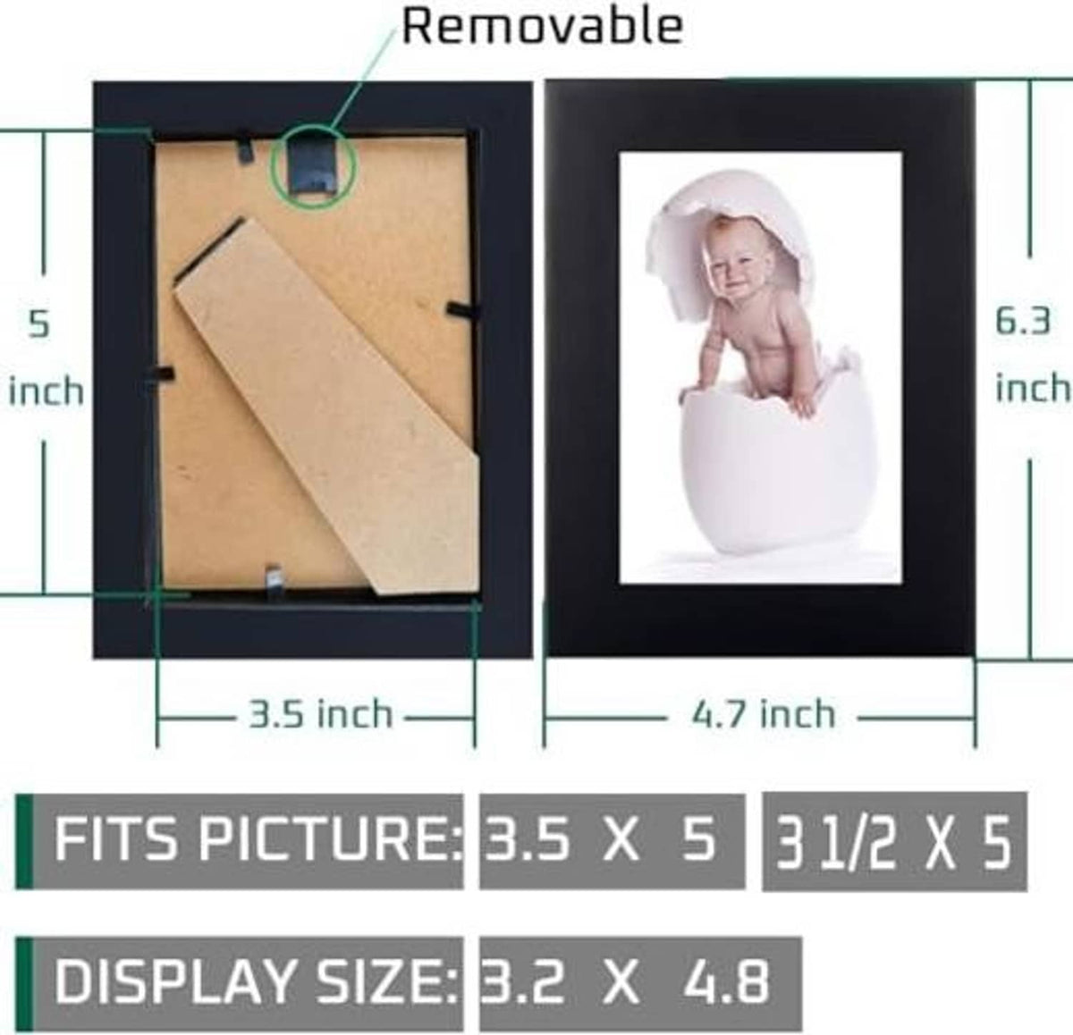 Two black frames with photo area and size markings for 3.5 x 5 in inserts