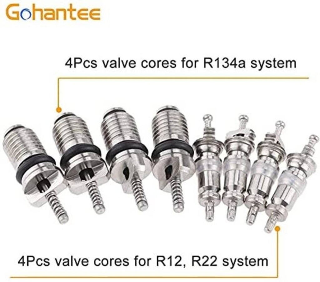 Valve core kit with silver Schrader cores for AC systems, shown in multiple sets