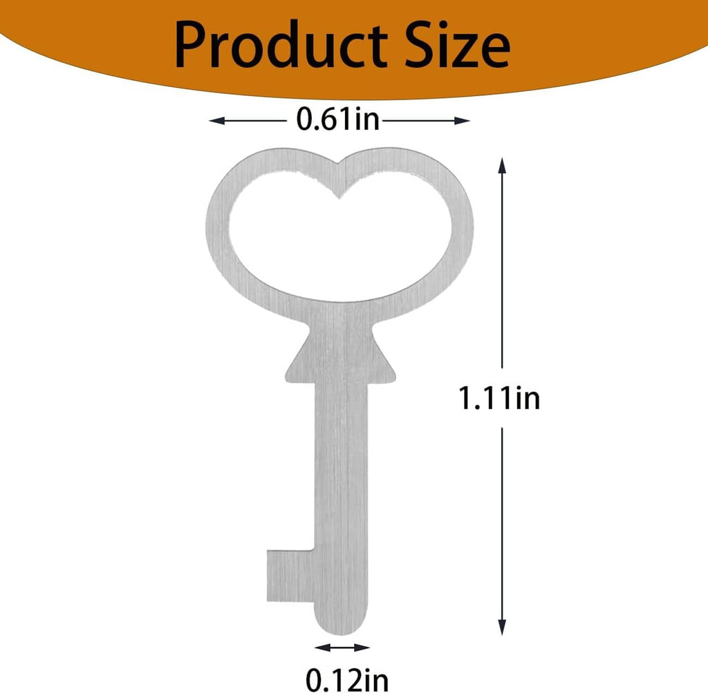 Silver metal replacement key with heart-shaped head, shown with dimensions