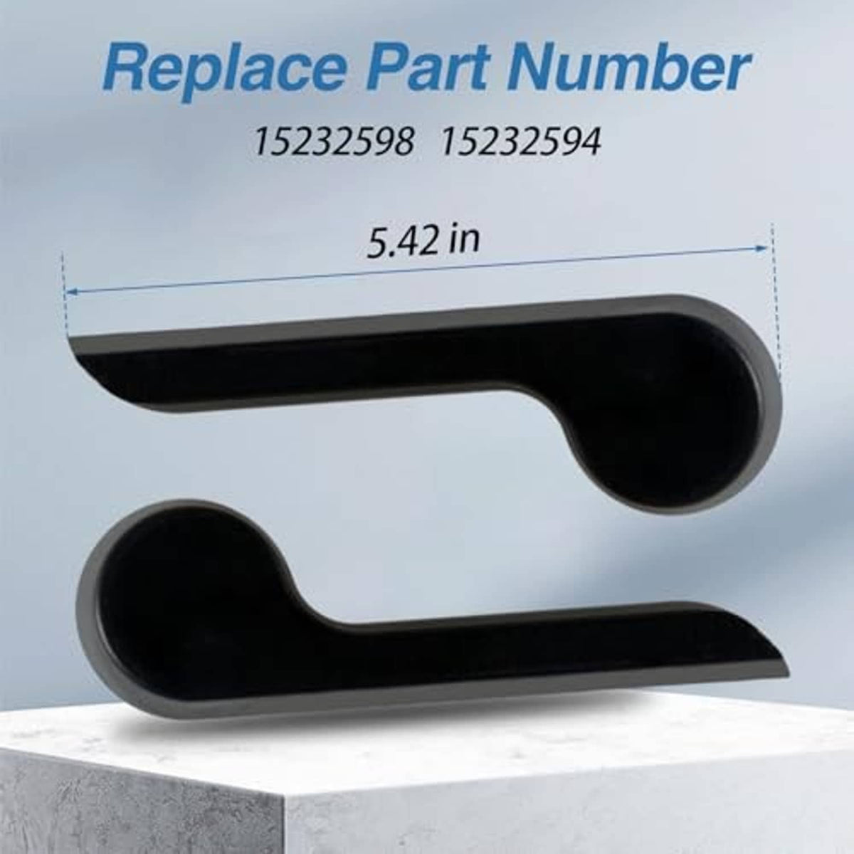 Black seat recliner handle lever pair with side profiles and measured length indicator