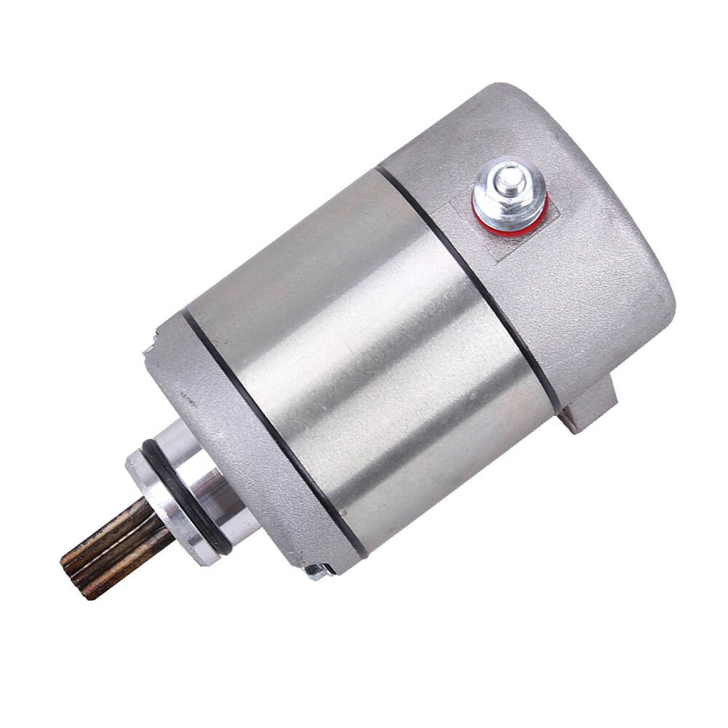 Silver cylindrical starter motor with side mounting and output shaft