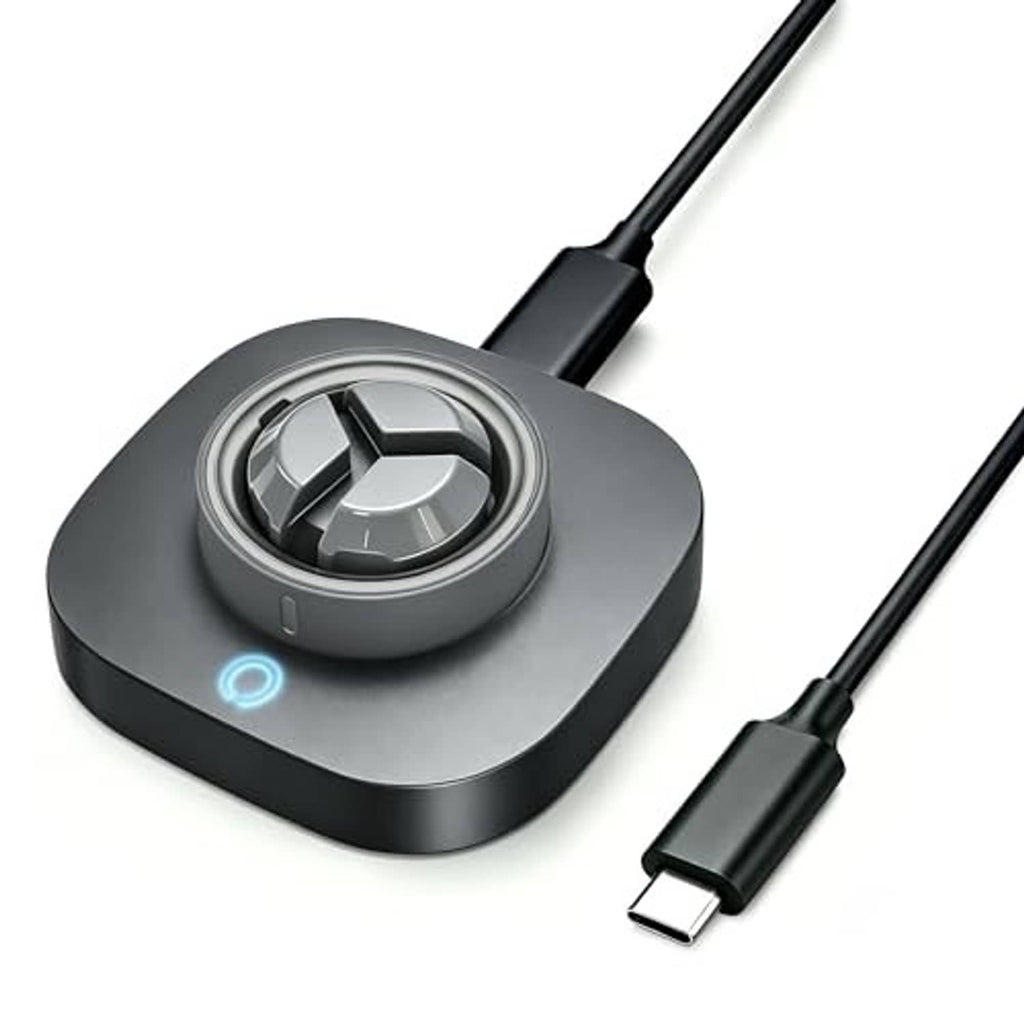 Black ring charging base with blue light indicator and attached USB-C charging cable